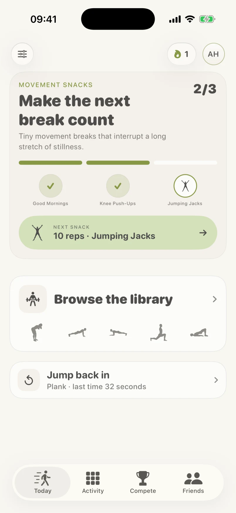 Strikt Today screen with movement snacks and the movement library